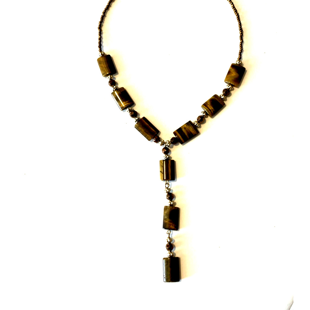Dainty Tigers Eye Y Drop Choker Necklace Geometric Y2K Design Adjustable 14-17"